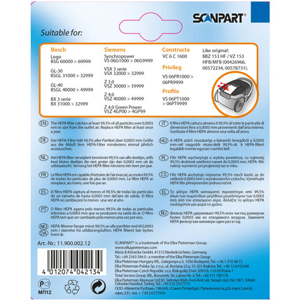 SCANPART Exhaust Filter BBZ153HF - Suitable for Bosch|Siemens VZ153HBF|17007968 image