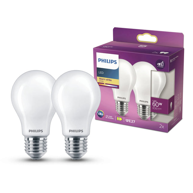 PHILIPS - Lamp - E27 - 60 W - 806 Lumens - 2700 K - Frosted - Pear - Duo Pack image