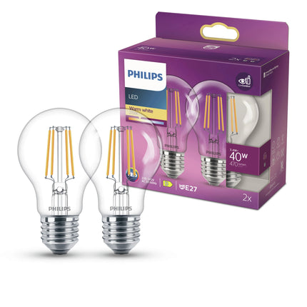PHILIPS - Lamp - E27 - 40 W - 470 Lumens - 2700 K - Bright - Pear - Duo Pack image