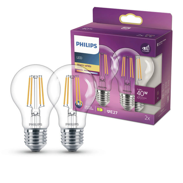PHILIPS - Lamp - E27 - 40 W - 470 Lumens - 2700 K - Bright - Pear - Duo Pack image