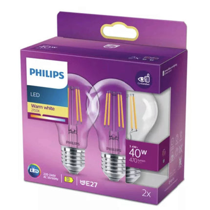 PHILIPS - Lamp - E27 - 40 W - 470 Lumens - 2700 K - Bright - Pear - Duo Pack image