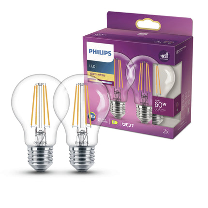 PHILIPS - Lamp - E27 - 60 W - 470 Lumens - 2700 K - Bright - Pear - Duo Pack image