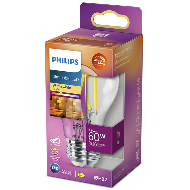 PHILIPS - Light Bulb - E27  - 60 W - 806 Lumen - 2200 K - 2700 K - Bright - Bulb - Warm Glow image