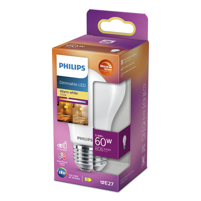 PHILIPS - Light Bulb - E27  - 60 W - 806 Lumen - 2200 K - 2700 K - Frosted - Bulb - Warm Glow image