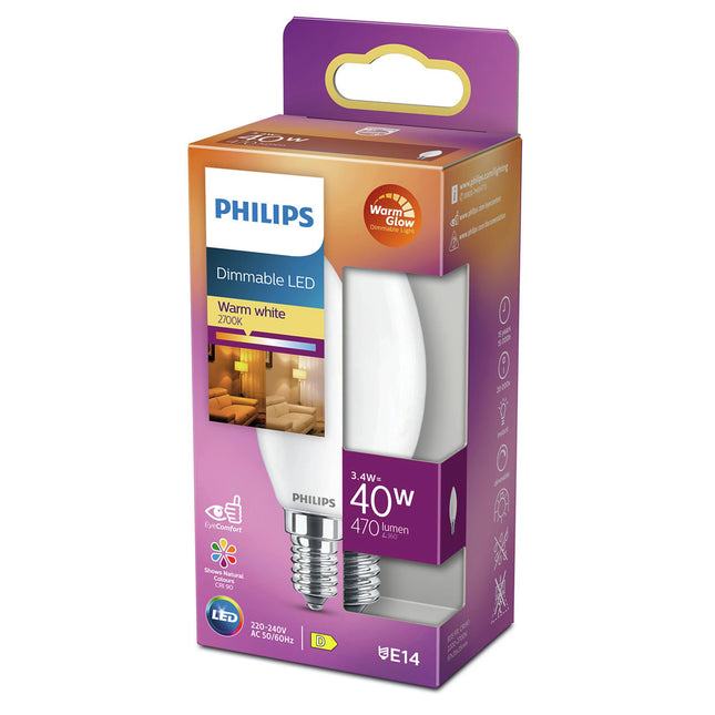 PHILIPS - Light Bulb - E14 - 40 W - 470 Lumen - 2200 K - 2700 K - Frosted - Candle - Warm Glow image