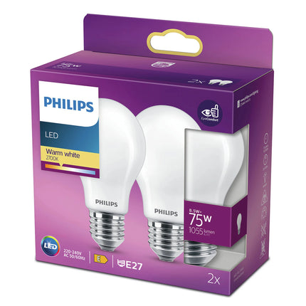 PHILIPS - Light Bulb - E27 - 75 W - 1055 Lumen - 2700 K - Frosted - Bulb - Duo Pack image