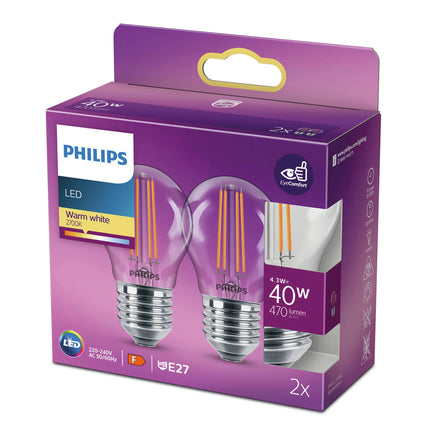 PHILIPS - Light Bulb - E27 - 40 W - 470 Lumen - 2700 K - Bright - Bulb - Duo Pack image