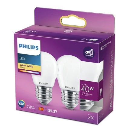 PHILIPS - Light Bulb - E27 - 40 W - 470 Lumen - 2700 K - Frosted - Bulb - Duo Pack image