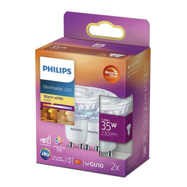 PHILIPS - Reflector Spot - GU10 - 35 W - 230 Lumen - 2700 K - Bright - Reflector Spot - Duo Pack - Dimmable  - Warm Glow image