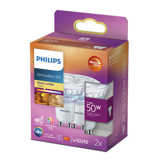 PHILIPS - Reflector Spot - GU10 - 50 W - 345 Lumen - 2200 K - 2700 K - Bright - Reflector Spot - Duo Pack - Warm Glow image