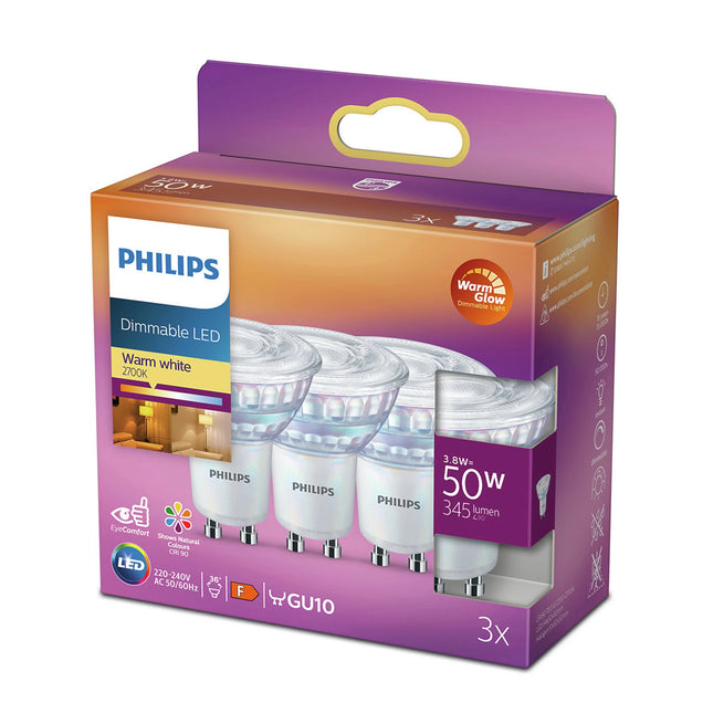 PHILIPS - Reflector Spot - GU10 - 50 W - 345 Lumen - 2200 K - 2700 K - Bright - Reflector Spot - Multi Pack - Warm Glow image