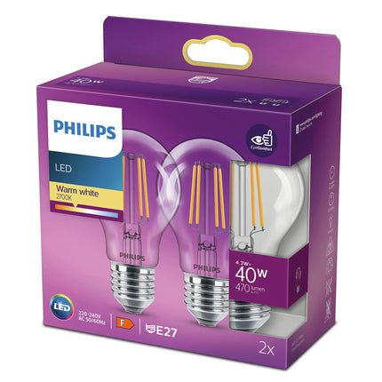 PHILIPS - Light Bulb - E27 - 40 W - 470 Lumen - 2700 K - Bright - Bulb - Duo Pack image