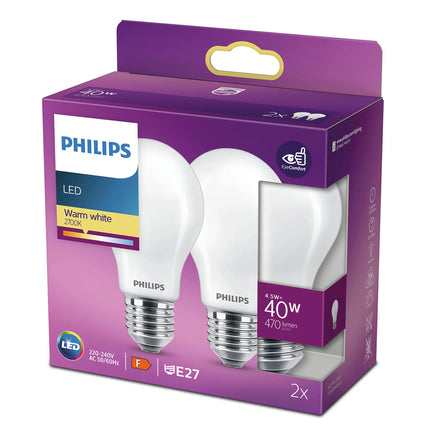 PHILIPS - Light Bulb - E27 - 40 W - 470 Lumen - 2700 K - Frosted - Bulb - Duo Pack image