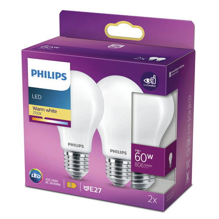 PHILIPS - Light Bulb - E27 - 60 W - 806 Lumen - 2700 K - Frosted - Bulb - Duo Pack image