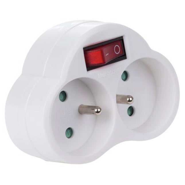 HOUSEBRAND - Pass-through plug - Plug 220 V (Male) - 2 x Plug 220 V (Female)+Earth   Belgian version + child safety + switch image
