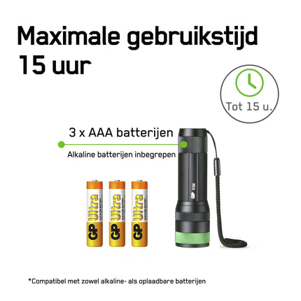 GP - Flashlight - CR32 - 300 lumens - Black + Green - 3x AAA batteries image