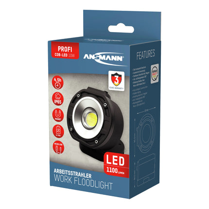 ANSMANN FL1100R - Rechargeable LED Work Light - Rotatable magnetic base - Hanging hook - Rechargeable - 10 W - 1100 Lumen - 6000 K - Bright - Spotlight image