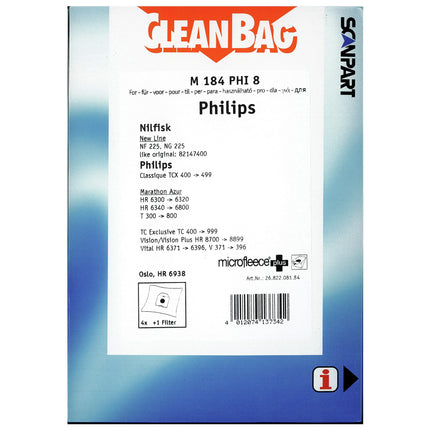 CLEANBAG M184PHI-8 4 Dustbags 1 Microfilter - Suitable for Philips Oslo | Erres| Karstadt | Lloyds | Nilfisk | Philips | Ruton  HR6938 | HR6938/10 | Oslo image