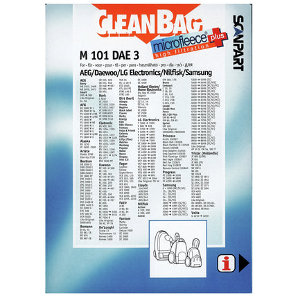 CLEANBAG M101DAE-3 4 Dustbags 1 Microfilter - Suitable for Unibag | AEG | Daewoo | LG | Nilfisk | Samsung Unibag | GR505 | SB90 | VP78 | TB36 | VM54 | VM77 | VP95B image