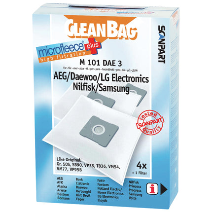 CLEANBAG M101DAE-3 4 Dustbags 1 Microfilter - Suitable for Unibag | AEG | Daewoo | LG | Nilfisk | Samsung Unibag | GR505 | SB90 | VP78 | TB36 | VM54 | VM77 | VP95B image