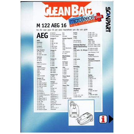 CLEANBAG M122AEG16 4 Dustbags 1 Microfilter - Suitable for AEG | Electrolux | Tornado | Volta | XXX GR28 S | E53N | ES53 | V31 | P60 image