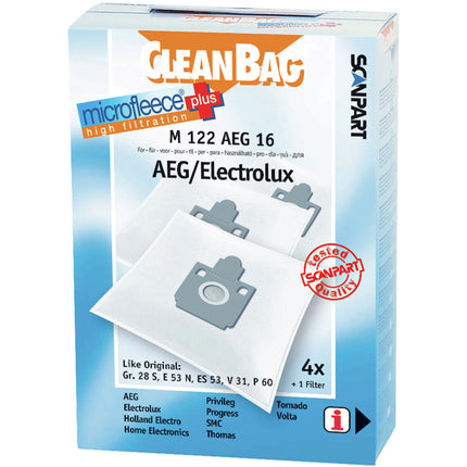 CLEANBAG M122AEG16 4 Dustbags 1 Microfilter - Suitable for AEG | Electrolux | Tornado | Volta | XXX GR28 S | E53N | ES53 | V31 | P60 image
