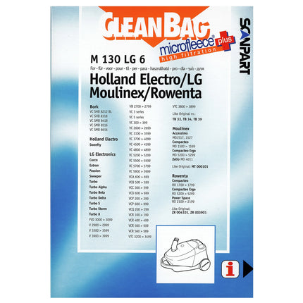 CLEANBAG M130LG-6 4 Dustbags 1 Microfilter - Suitable for Rowenta | Moulinex | LG | Holland Electro MT000101| TB-33| TB-34| ZR003901| ZR004101 image