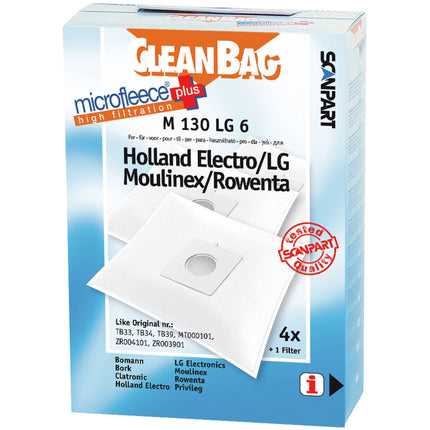 CLEANBAG M130LG-6 4 Dustbags 1 Microfilter - Suitable for Rowenta | Moulinex | LG | Holland Electro MT000101| TB-33| TB-34| ZR003901| ZR004101 image
