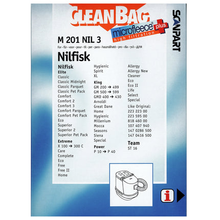 CLEANBAG M201NIL-3 4 Dustbags 1 Microfilter - Suitable for Nilfisk | IVAC | Junior  Elite | Extreme| King| Power image