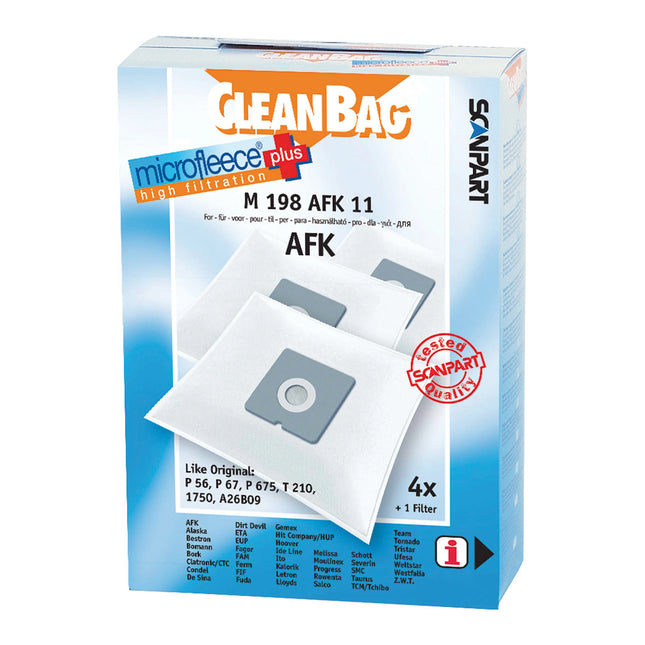 CLEANBAG M198AFK-11 4 Dustbags 1 Microfilter - Suitable for Rowenta |AFK | Bestron | Dirt Devil | Hoover | Tristar | Moulinex | Severin | Weltstar | Ferm | Team | Tornado | Alaska | Gemex | ETA | Hit Company/HUP | EUP | Bomann | Fagor | Ide line | Melissa image