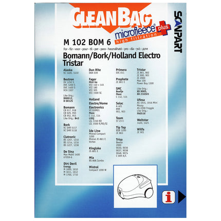 CLEANBAG M102BOM-6 4 Dustbags 1 Microfilter - Suitable for Bestron| Tristar | Holland Electro | Welstar | Dirt Devil | Bomann | Bork | Clatronic | Primera | Trisa | De Sina | Ide Line Prophete | Dun Rite | Kinglake | SMC | Solac | Wilfa B43| D00012 image