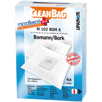 CLEANBAG M102BOM-6 4 Dustbags 1 Microfilter - Suitable for Bestron| Tristar | Holland Electro | Welstar | Dirt Devil | Bomann | Bork | Clatronic | Primera | Trisa | De Sina | Ide Line Prophete | Dun Rite | Kinglake | SMC | Solac | Wilfa B43| D00012 image