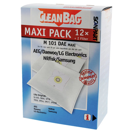 CLEANBAG M101DAE-MAXI 12 Dustbags 2 Microfilters - Suitable for Unibag | AEG | Daewoo | LG | Nilfisk | Samsung Unibag | GR505 | SB90 | VP78 | TB36 | VM54 | VM77 | VP95B image