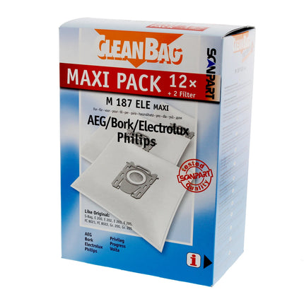 CLEANBAG M187ELE-MAXI 12 Dustbags 2 Microfilters - Suitable for AEG | Electrolux | Tornado | Volta | Philips S-Bag image
