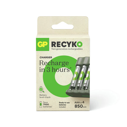 GP NiMH - Recyko - Charger USB AAA | HR03 - Multipack - 4 Pieces + Charger + USB Cable - Rechargeable image