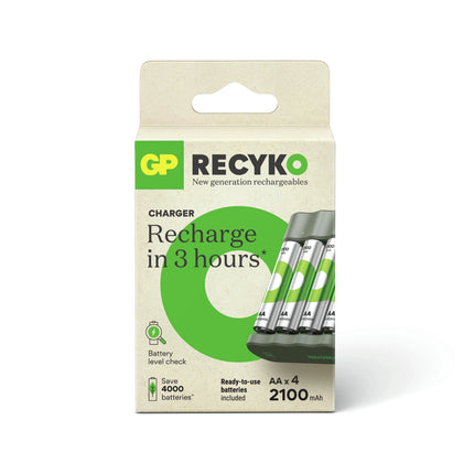 GP NiMH - Recyko - Charger USB AA | HR6 - Multipack - 4 Pieces + Charger + USB Cable - Rechargeable image