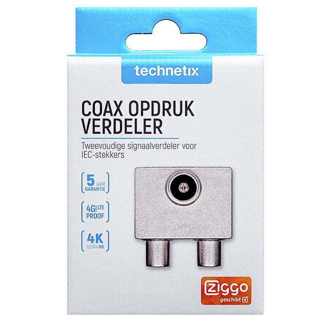 TECHNETIX - Plug - Adapter - COAX (Female) -  2x COAX (Male) - COAX splitter|Distributor|Plug in|Angle|Ziggo approved|Kabelkeur image