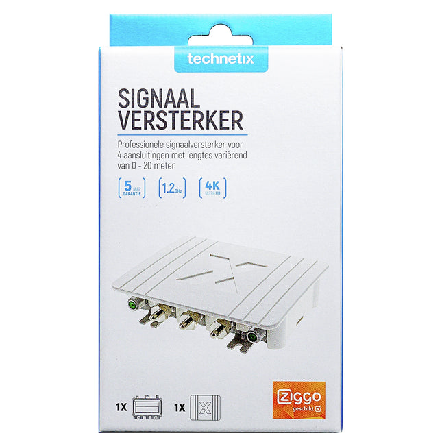TECHNETIX - Signal Amplifier - F-connector (Female) -  4 x F-connector (Female) - Ziggo approved|Kabelkeur|Amplifying 1 x 0dB(5 m) 1 x 2dB(10 m) 1 x 4dB(15 m) 1 x 8dB(35 m)|FRA-752X image