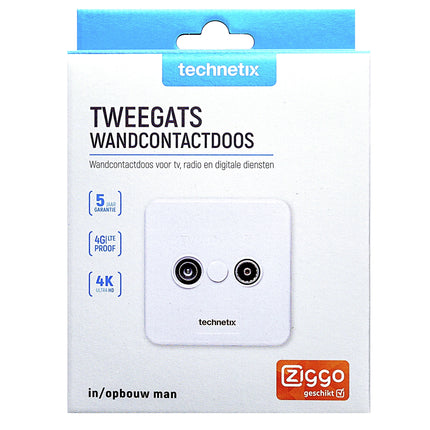 TECHNETIX - Connector - Adapter - COAX -  COAX (Female) + COAX (Male) - Ziggo Approved|Wall Connection|TRAS-2000|Wall Socket image