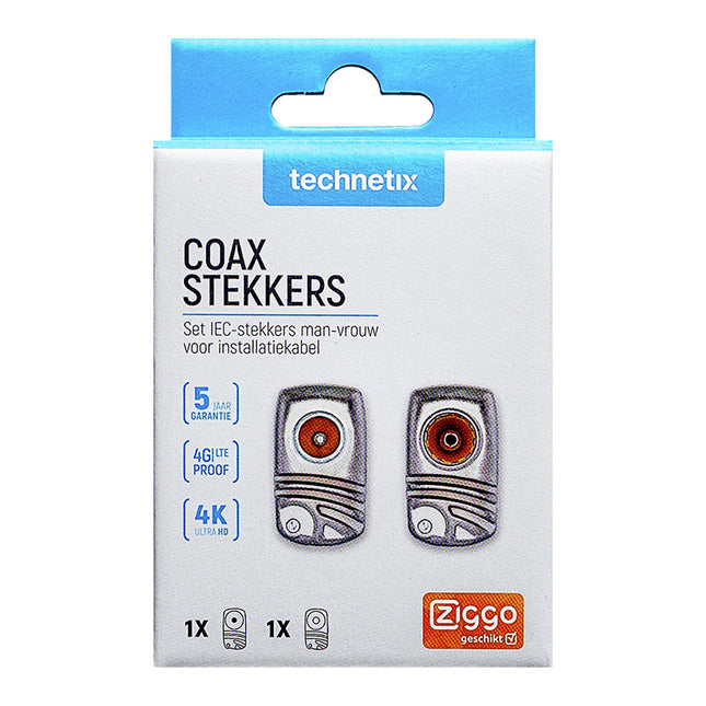 TECHNETIX - Connector - Adapter - COAX -  1x COAX (Female) + 1x COAX (Female)  - Plug in|Angle|Steel|Crew applications|Ziggo approved|Kabelkeur image