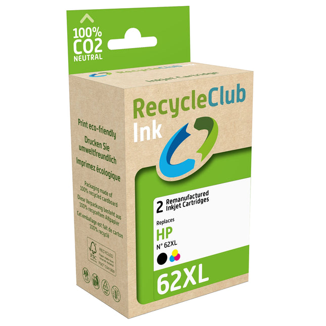 RECYCLECLUB XL Cartridge 62XL - Duo Pack - Black + Multicolor - Suitable for HP image