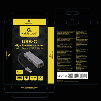 CABLEXPERT - Docking station - USB-C (Male) - 3 x USB-A (Female) + CAT6 (Female) 0.15 m  USB 3.1 - 1000 mbs image