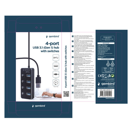 GEMBIRD - Docking station - USB-A (Male) - 4 x USB-A (Female) 0.15 m  USB 3.1| switchable image