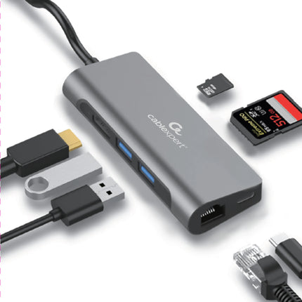 CABLEXPERT - Dockingstation - USB-C (Male) - 2 x USB-A (Female) + HDMI (Female) + USB-C (Female) + RJ45 + Micro-SD + SD - 0.15 m image