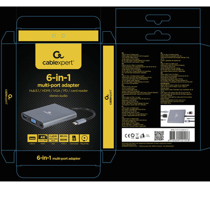 CABLEXPERT - Dockingstation - USB-C (Male) - USB-A (Female) + HDMI (Female) + USB-C (Female) PD + VGA + Micro-SD + SD + 3.5 mm Jack - 0.15 m image