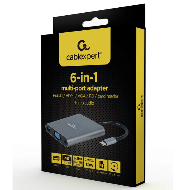 CABLEXPERT - Dockingstation - USB-C (Male) - USB-A (Female) + HDMI (Female) + USB-C (Female) PD + VGA + Micro-SD + SD + 3.5 mm Jack - 0.15 m image