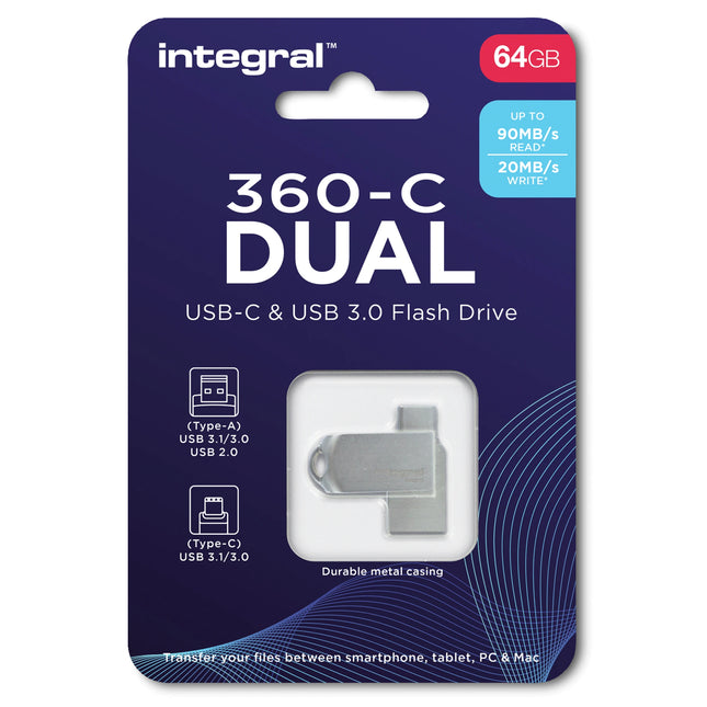 INTEGRAL - USB stick - 64 GB - Silver - USB-A 3.1/3.0 + USB-C 3.1/3.0 image