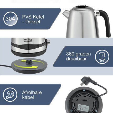LEBENLANG - Kettle - Stainless Steel - 1.7 L - 2200 W - With anti-lime filter image