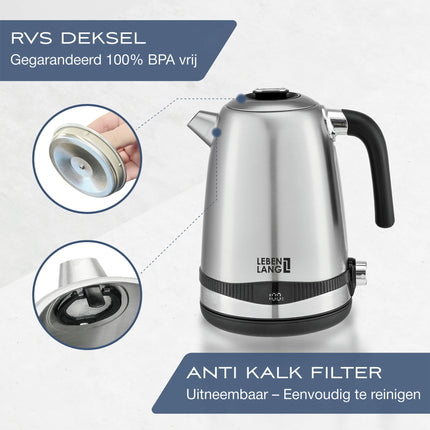 LEBENLANG - Kettle - Stainless Steel - 1.7 L - 2200 W - With anti-lime filter image